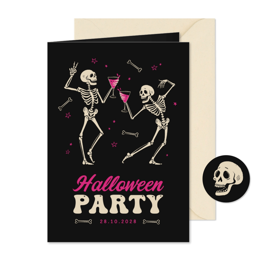 Halloween-Einladung Skelette mit Cocktail - Karteneindruck