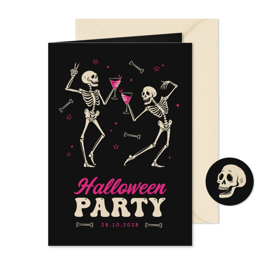 Halloween-Einladung Skelette mit Cocktail - Karteneindruck