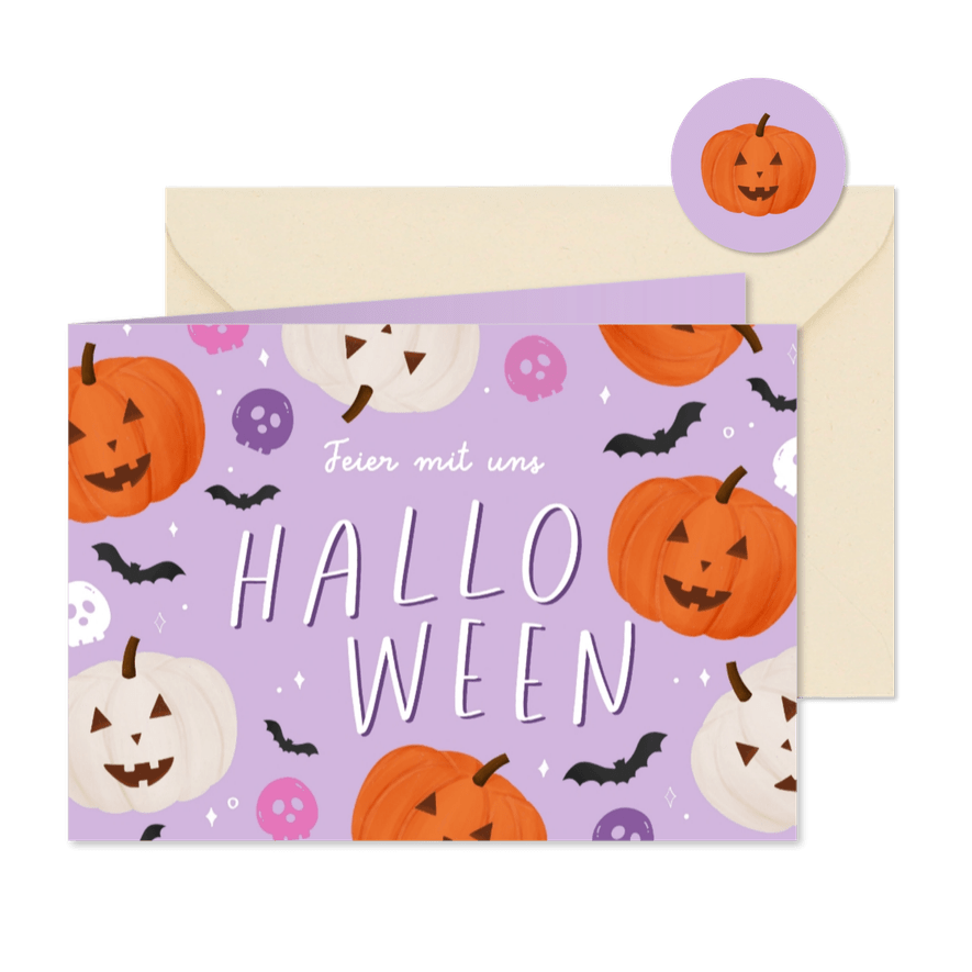 Halloween-Einladungskarte Lila Kürbisse und Fledermäuse - Karteneindruck