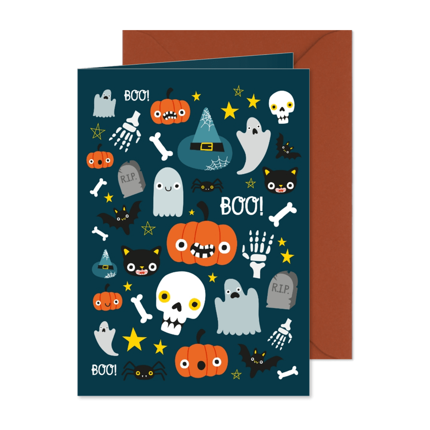 Halloween Karte mit fröhlichen Abbildungen - Karteneindruck