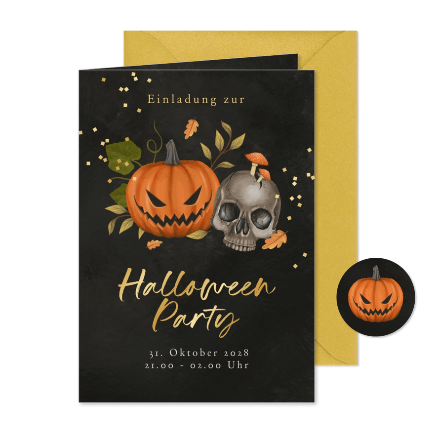 Halloween-Partyeinladung Kürbis & Totenkopf - Karteneindruck
