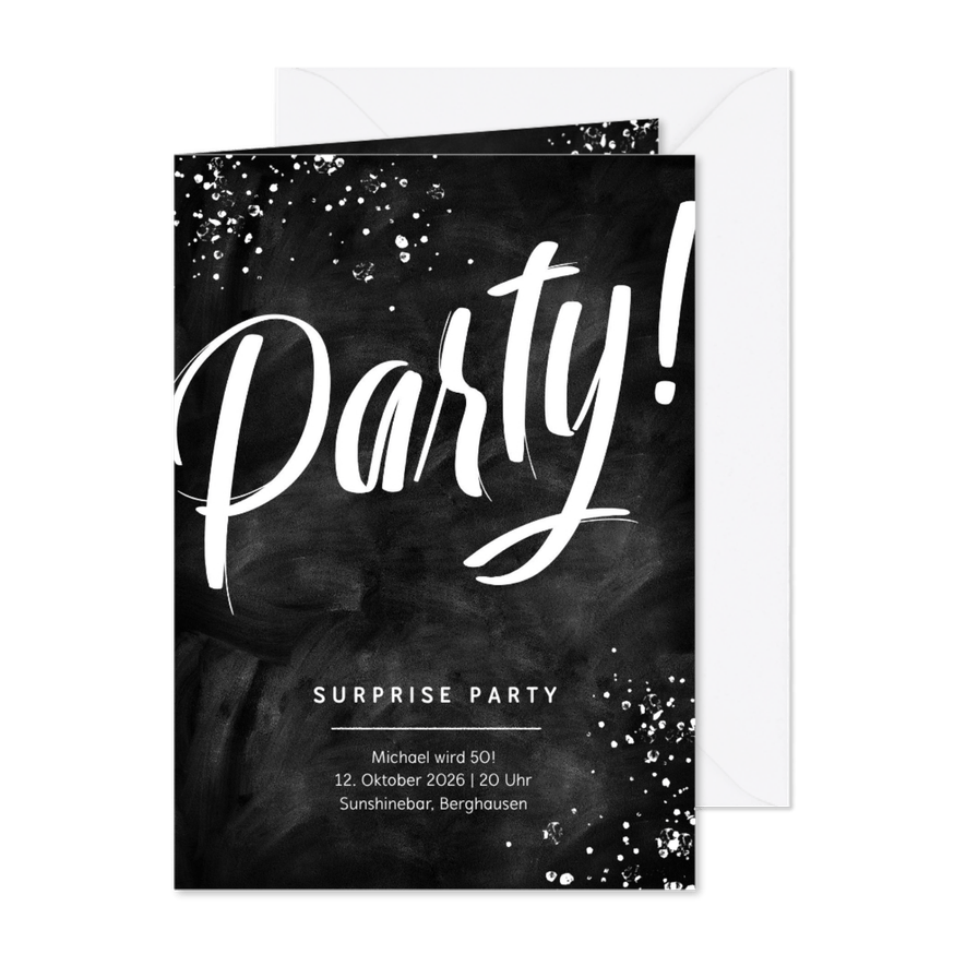 Hippe Einladung zur Supriseparty schwarzweiß - Karteneindruck
