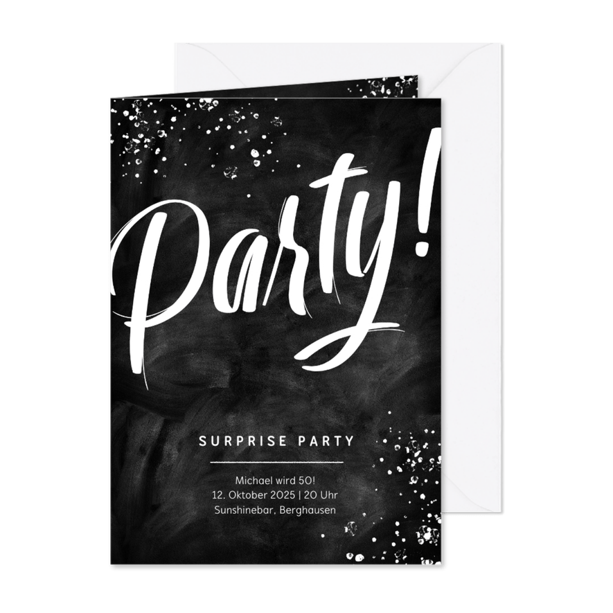 Hippe Einladung zur Supriseparty schwarzweiß - Karteneindruck