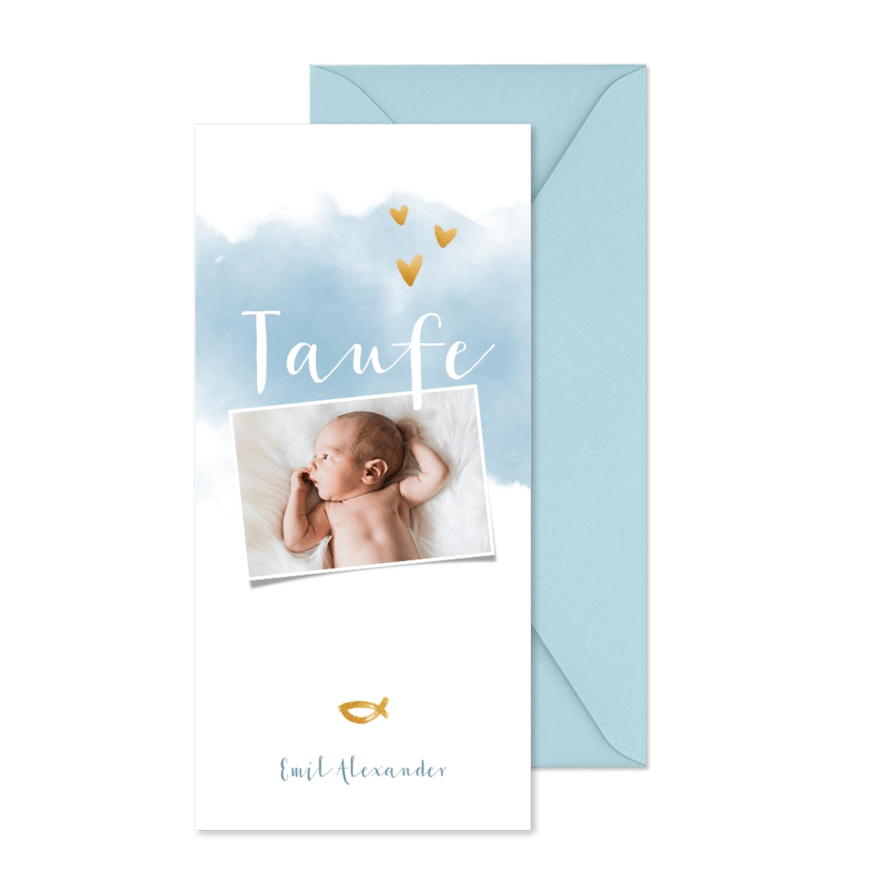 Hippe Einladung zur Taufe Foto & blaue Wasserfarbe  - Karteneindruck
