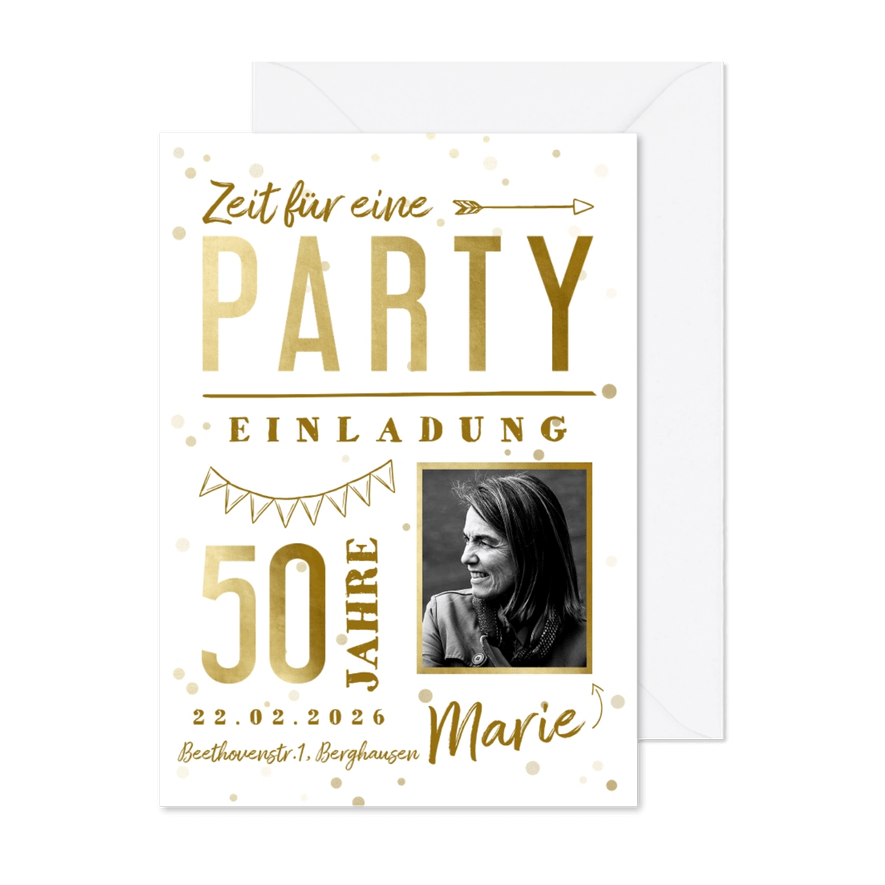 Hippe Einladungskarte 50. Geburtstag mit Foto & Typografie - Karteneindruck
