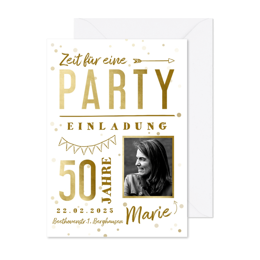 Hippe Einladungskarte 50. Geburtstag mit Foto & Typografie - Karteneindruck