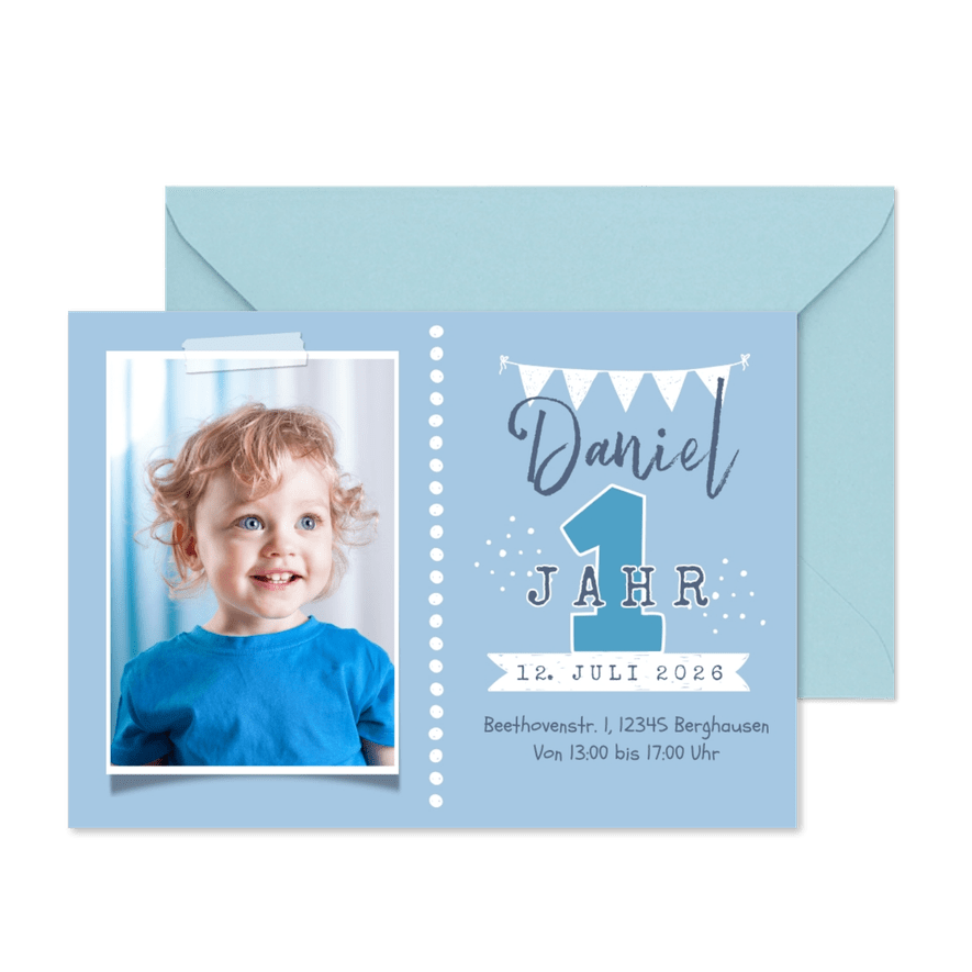 Hippe Einladungskarte zum 1. Kindergeburtstag mit Foto - Karteneindruck
