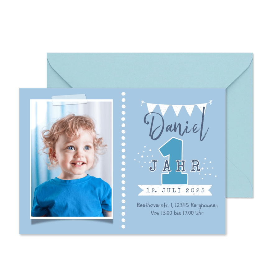 Hippe Einladungskarte zum 1. Kindergeburtstag mit Foto - Karteneindruck