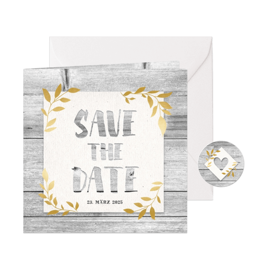 Hippe Save-the-Date-Karte mit Holz und goldenen Blättern - Karteneindruck
