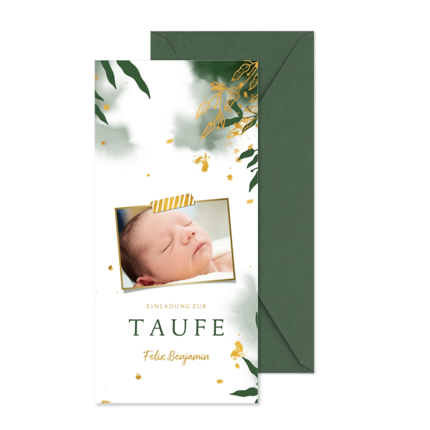 Hippe Taufeinladung grün botanisch mit Foto - Karteneindruck