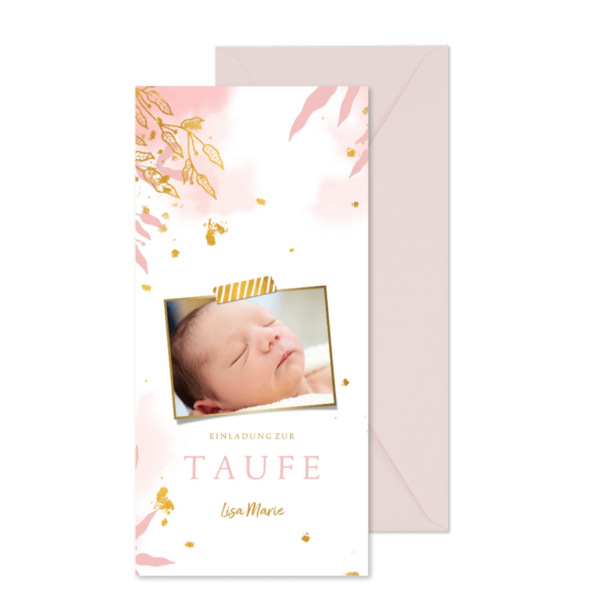 Hippe Taufeinladung rosa botanisch mit Foto - Karteneindruck