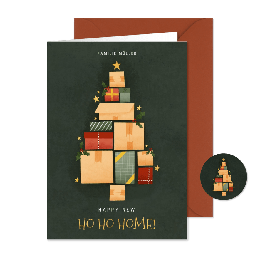 Hippe Weihnachts-Umzugskarte Tannenbaum aus Kartons - Karteneindruck
