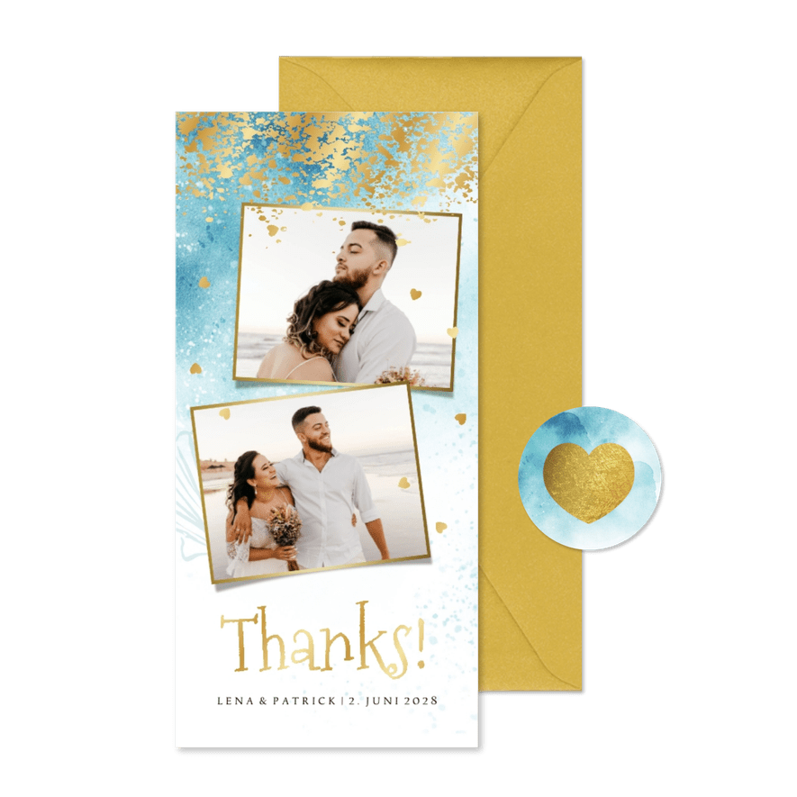 Hochzeit Dankeskarte Beachlook mit Fotos & Gold - Karteneindruck
