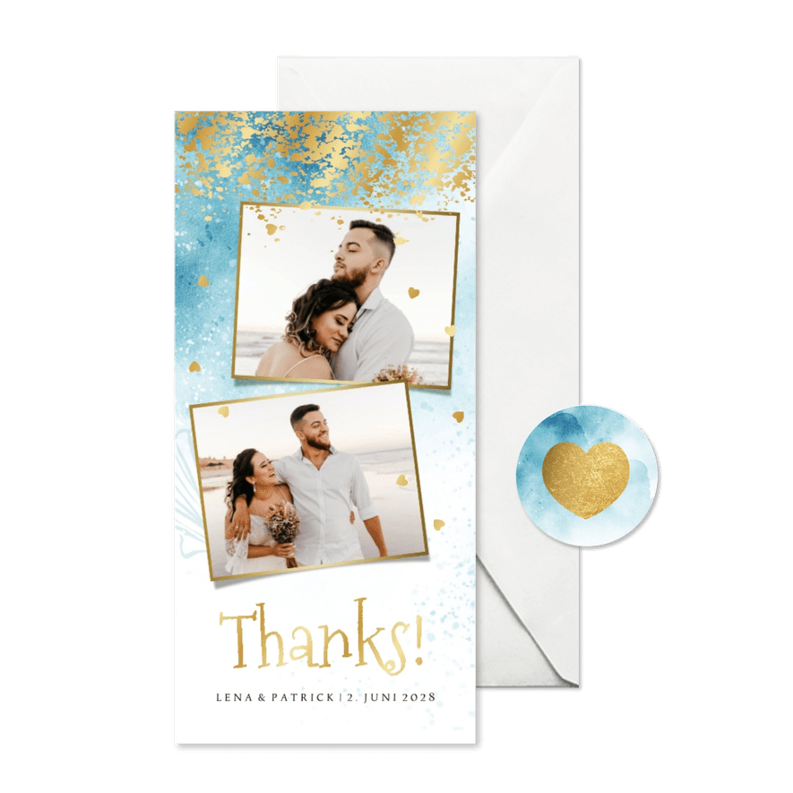 Hochzeit Dankeskarte Beachlook mit Fotos & Gold - Karteneindruck
