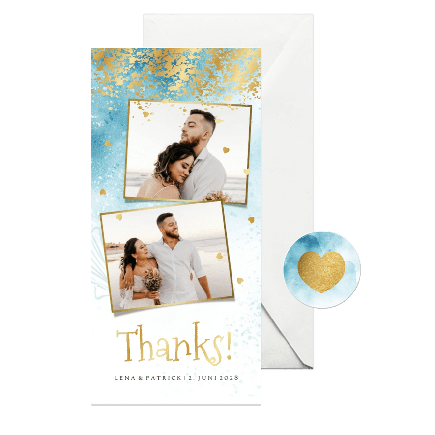 Hochzeit Dankeskarte Beachlook mit Fotos & Gold - Karteneindruck
