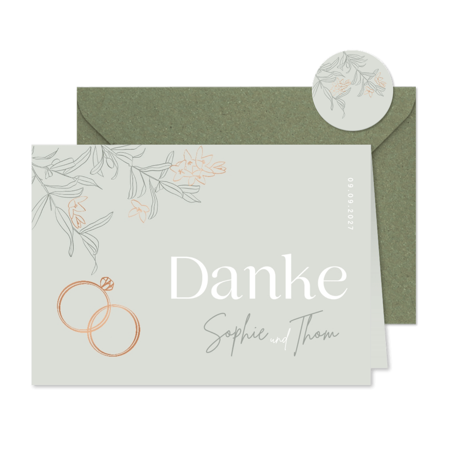 Hochzeit Dankeskarte Blüten & Ringe kupfer - Karteneindruck