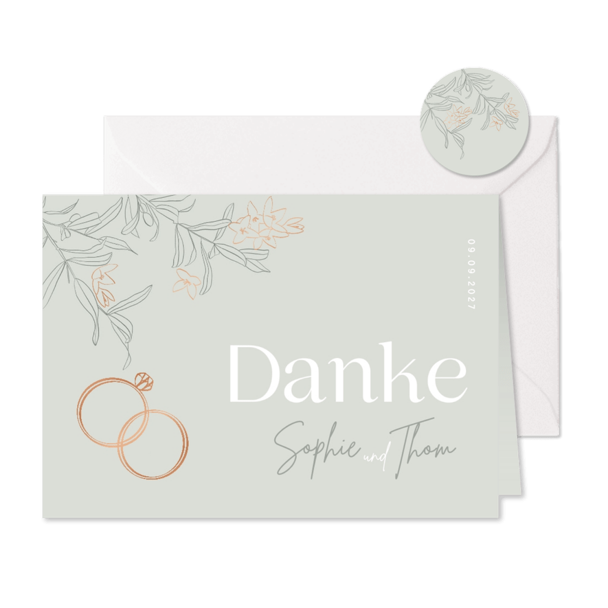 Hochzeit Dankeskarte Blüten & Ringe kupfer - Karteneindruck
