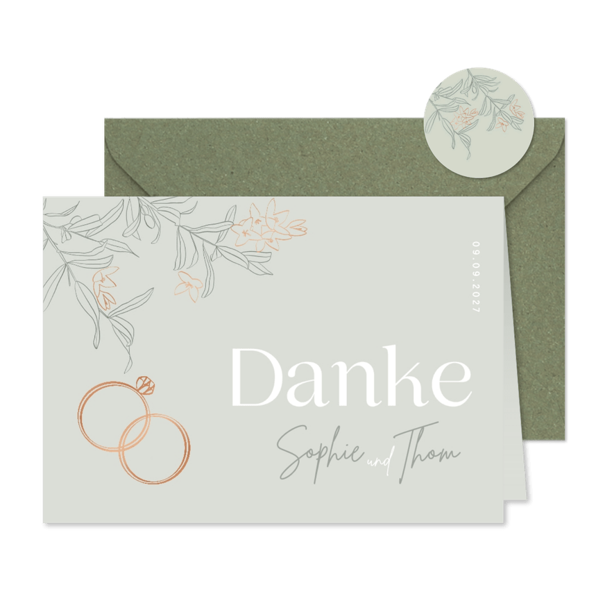 Hochzeit Dankeskarte Blüten & Ringe kupfer - Karteneindruck