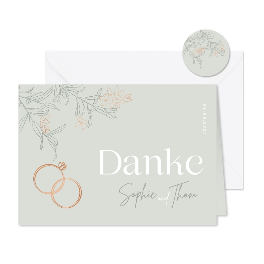 Hochzeit Dankeskarte Blüten & Ringe kupfer - Karteneindruck
