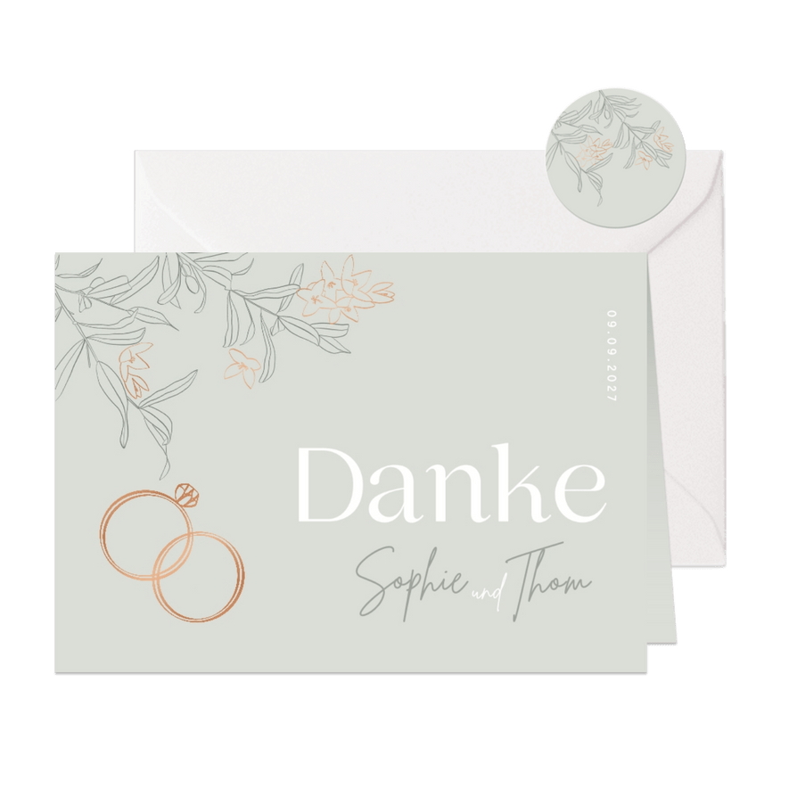 Hochzeit Dankeskarte Blüten & Ringe kupfer - Karteneindruck
