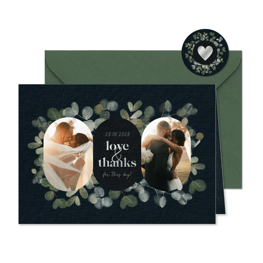 Hochzeit Dankeskarte Fotos Eukalyptus Schwarz & Silber - Karteneindruck
