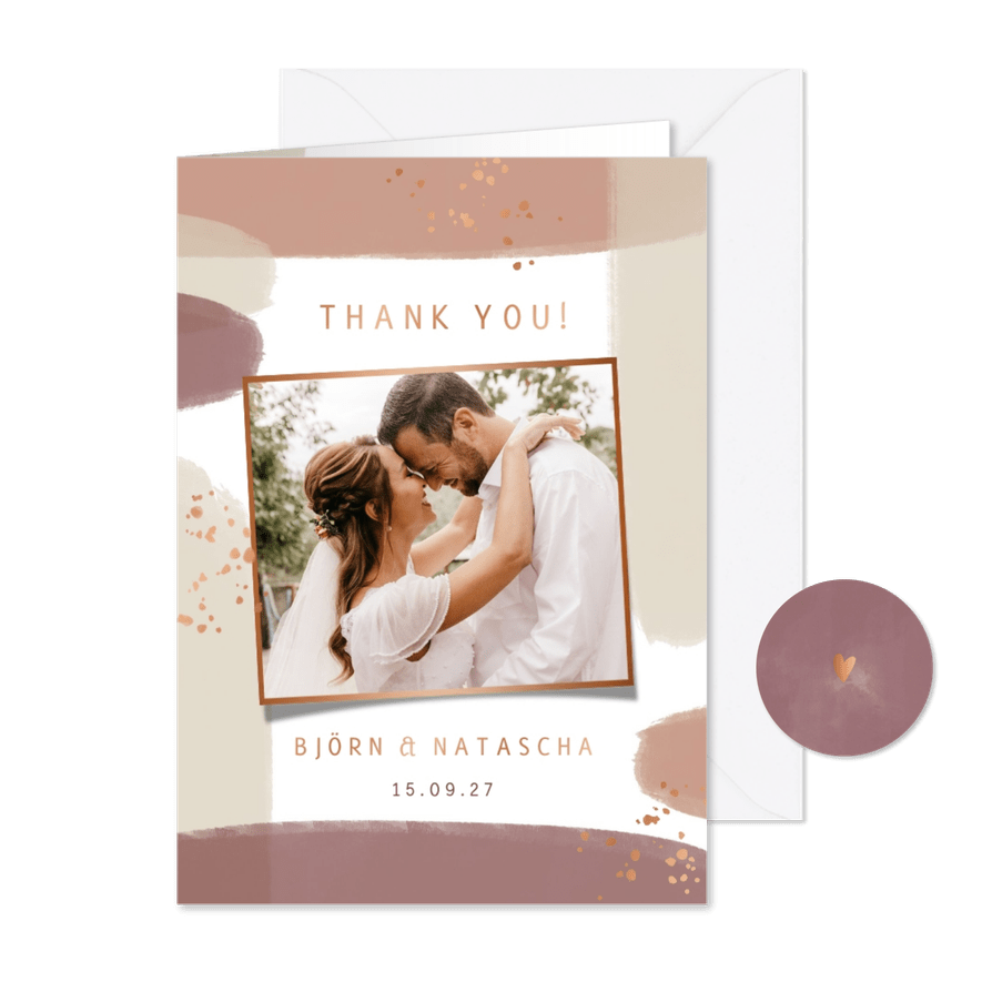 Hochzeit Danksagung Foto & Pinselstriche kupfer - Karteneindruck