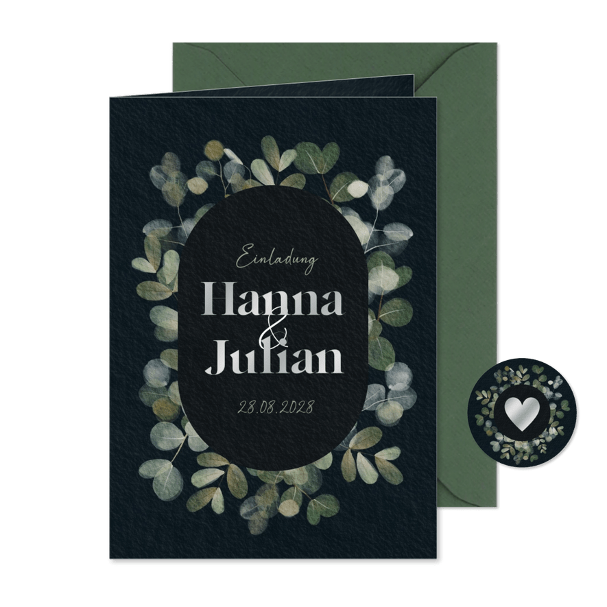 Hochzeit Einladungskarte Eukalyptus Schwarz & Silber - Karteneindruck