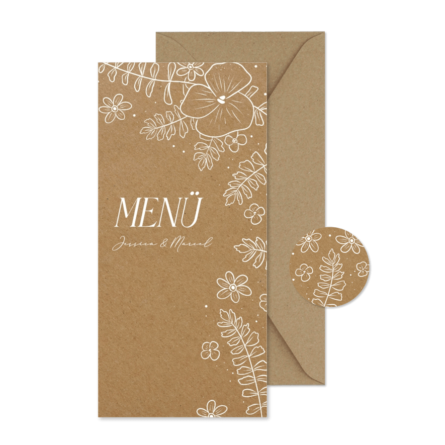 Hochzeit Menükarte weiße Blumen Kraftlook-Papier - Kartenvorschau