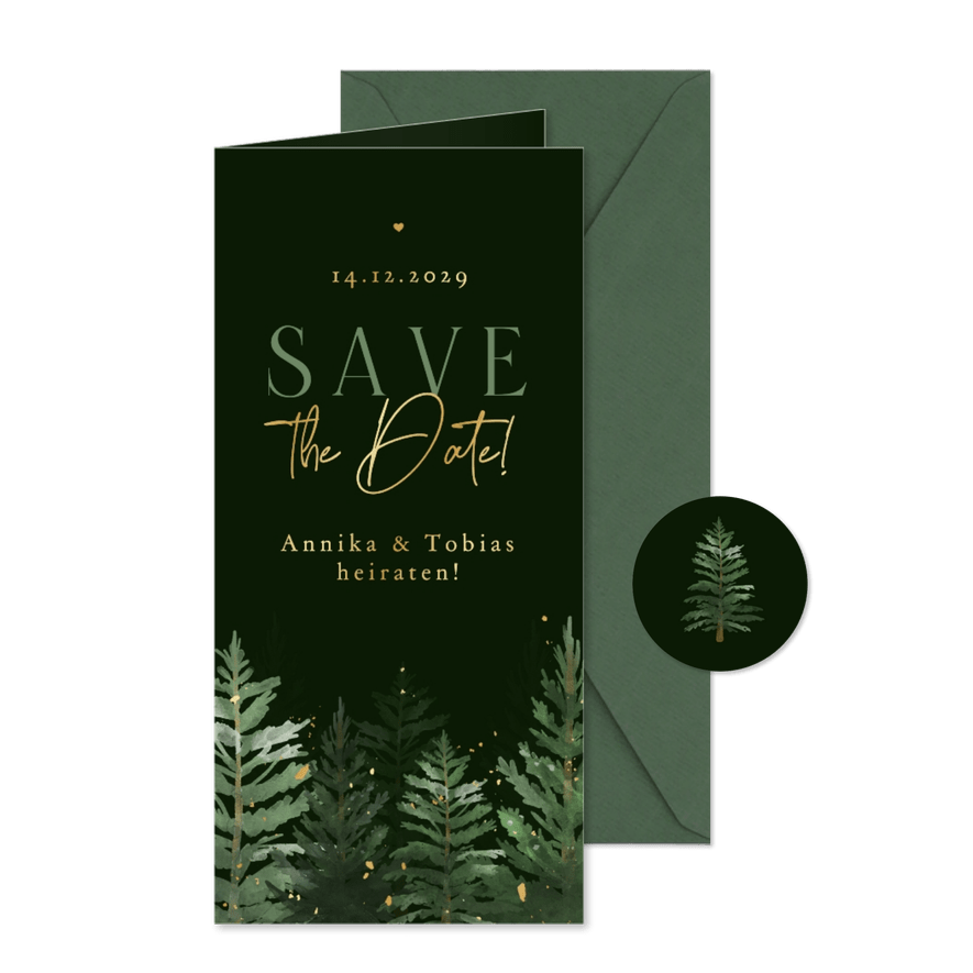 Hochzeit Save-the-Date Karte dunkle Tannenbäume - Karteneindruck