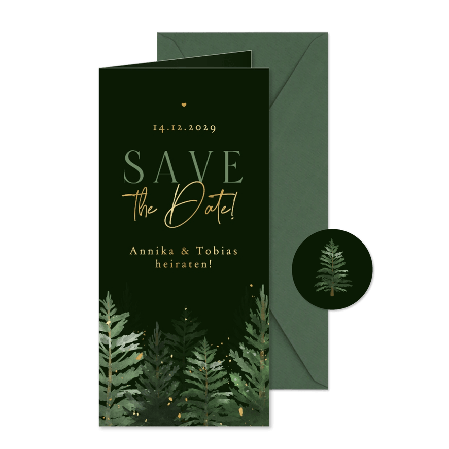 Hochzeit Save-the-Date Karte dunkle Tannenbäume - Kartenvorschau
