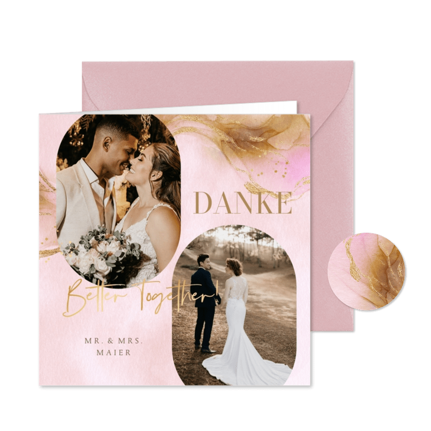 Hochzeits-Dankeskarte Aquarell-Goldlook & Fotos - Karteneindruck