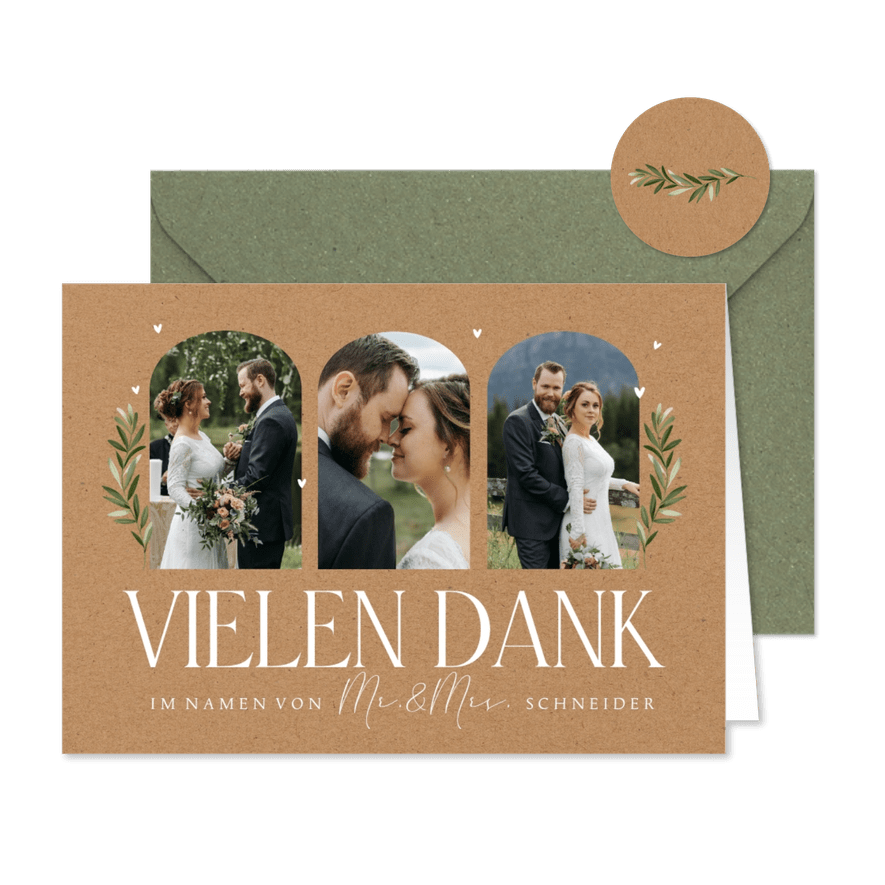Hochzeits-Dankeskarte Bilderreihe & Zweige auf Kraftpapier - Karteneindruck