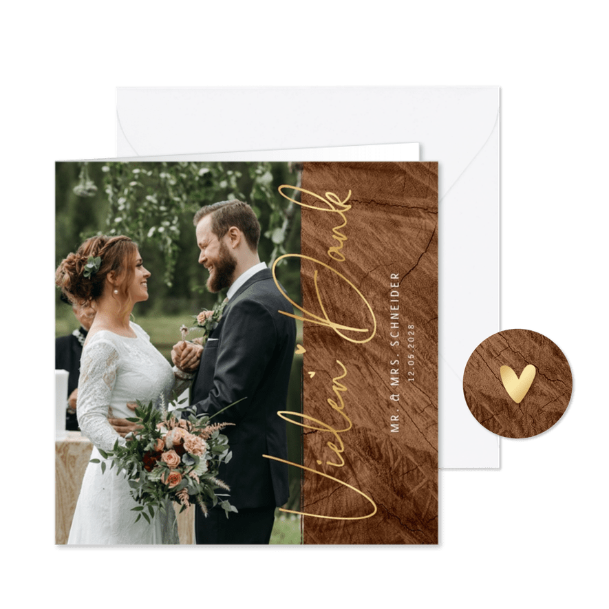 Hochzeits-Dankeskarte Goldschrift auf Holz - Karteneindruck
