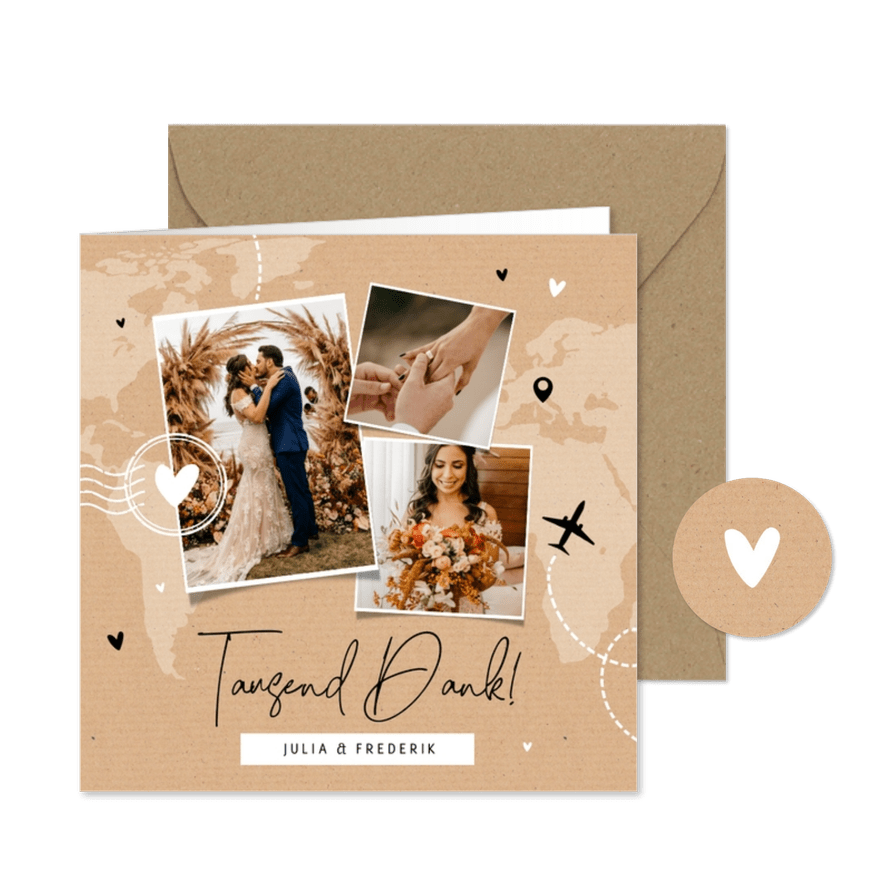 Hochzeits-Dankeskarte Kraftpapier Fotocollage Weltreise - Karteneindruck
