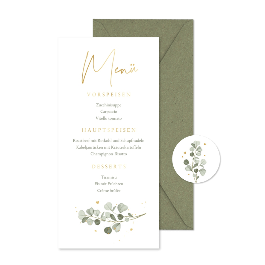 Hochzeits-Menükarte Aquarellzweige & Goldschrift - Karteneindruck
