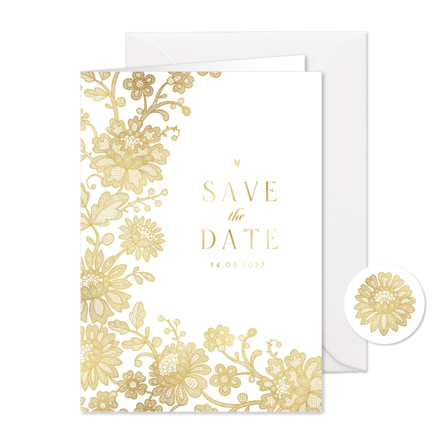 Hochzeits-Save-the-Date-Karte Spitze & Goldakzente - Karteneindruck
