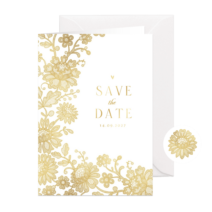 Hochzeits-Save-the-Date-Karte Spitze & Goldakzente - Karteneindruck
