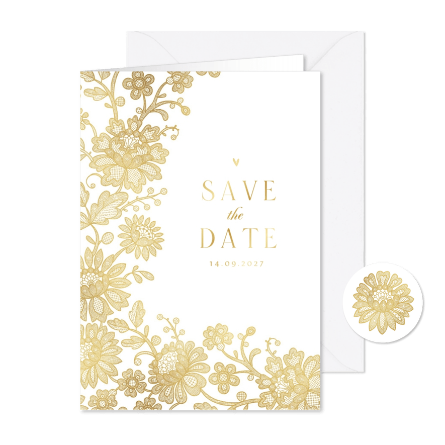 Hochzeits-Save-the-Date-Karte Spitze & Goldakzente - Karteneindruck
