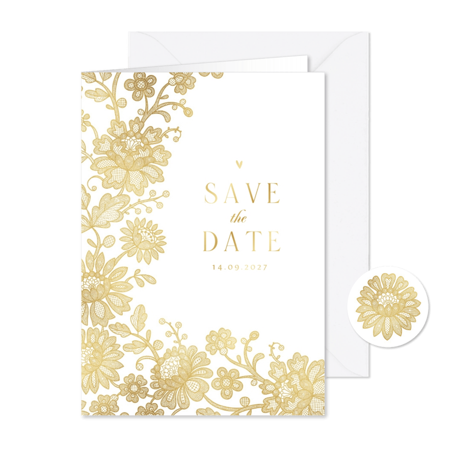Hochzeits-Save-the-Date-Karte Spitze & Goldakzente - Karteneindruck