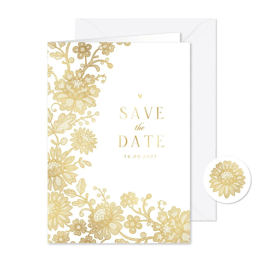 Hochzeits-Save-the-Date-Karte Spitze & Goldakzente - Karteneindruck