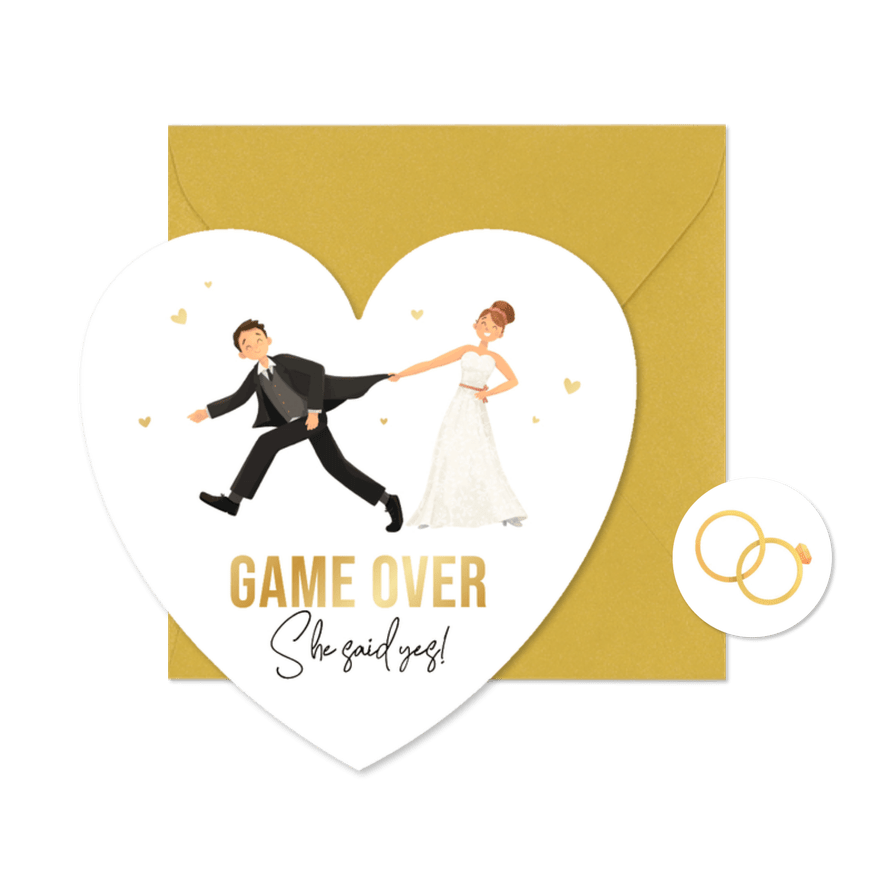 Hochzeitseinaldung Herzkarte Ehepaar 'Game over' mit Gold - Karteneindruck