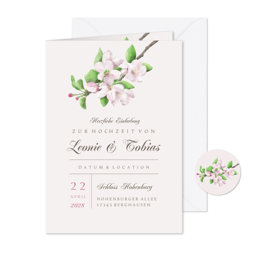 Hochzeitseinladung Apfelblüte - Karteneindruck
