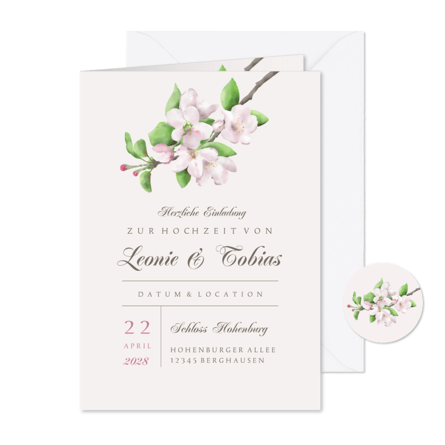 Hochzeitseinladung Apfelblüte - Karteneindruck