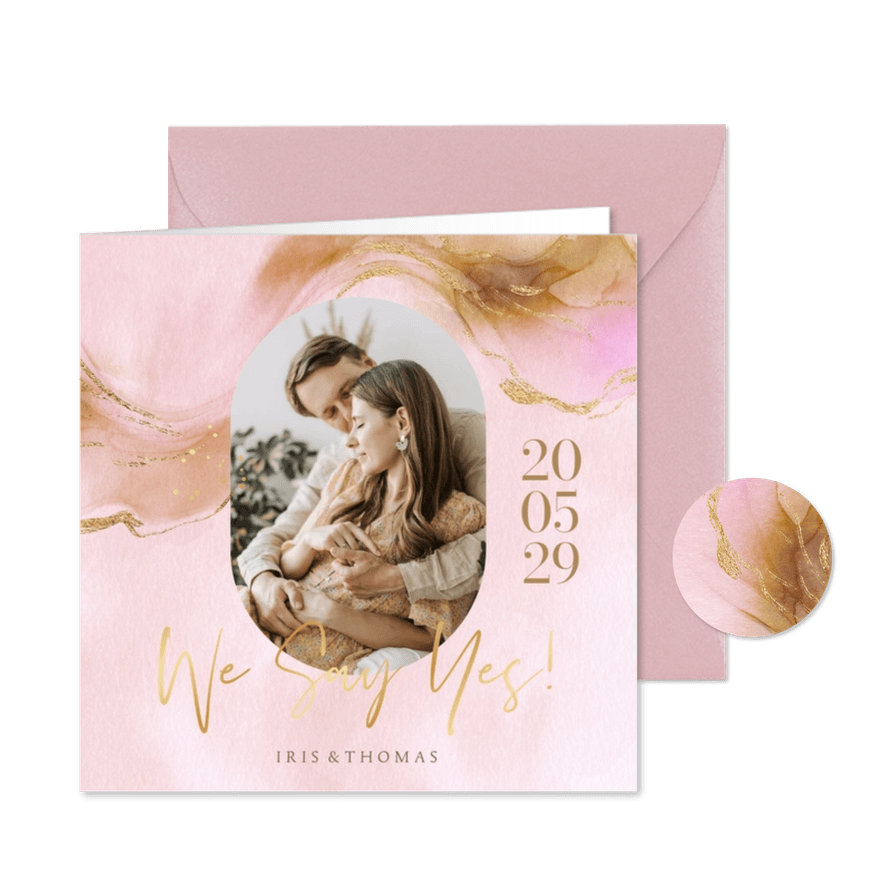 Hochzeitseinladung Aquarell-Goldlook & Foto - Kartenvorschau