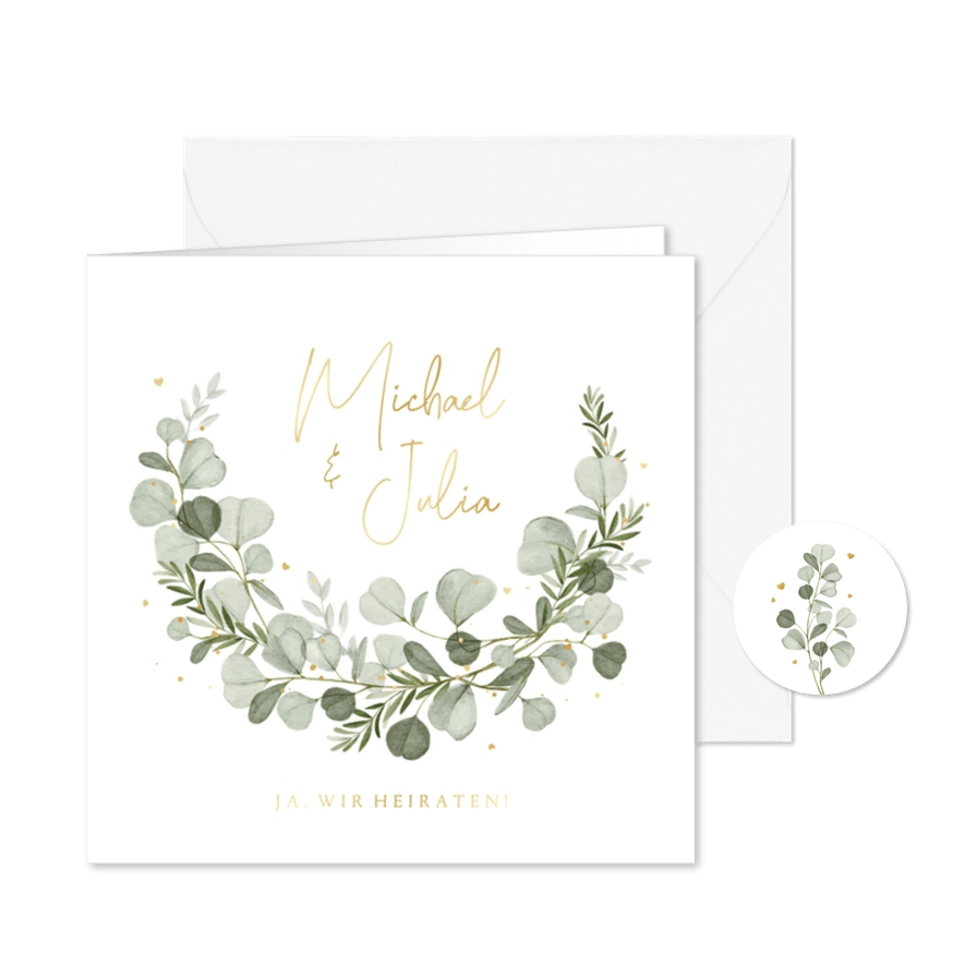 Hochzeitseinladung Aquarellzweige & Goldschrift - Karteneindruck
