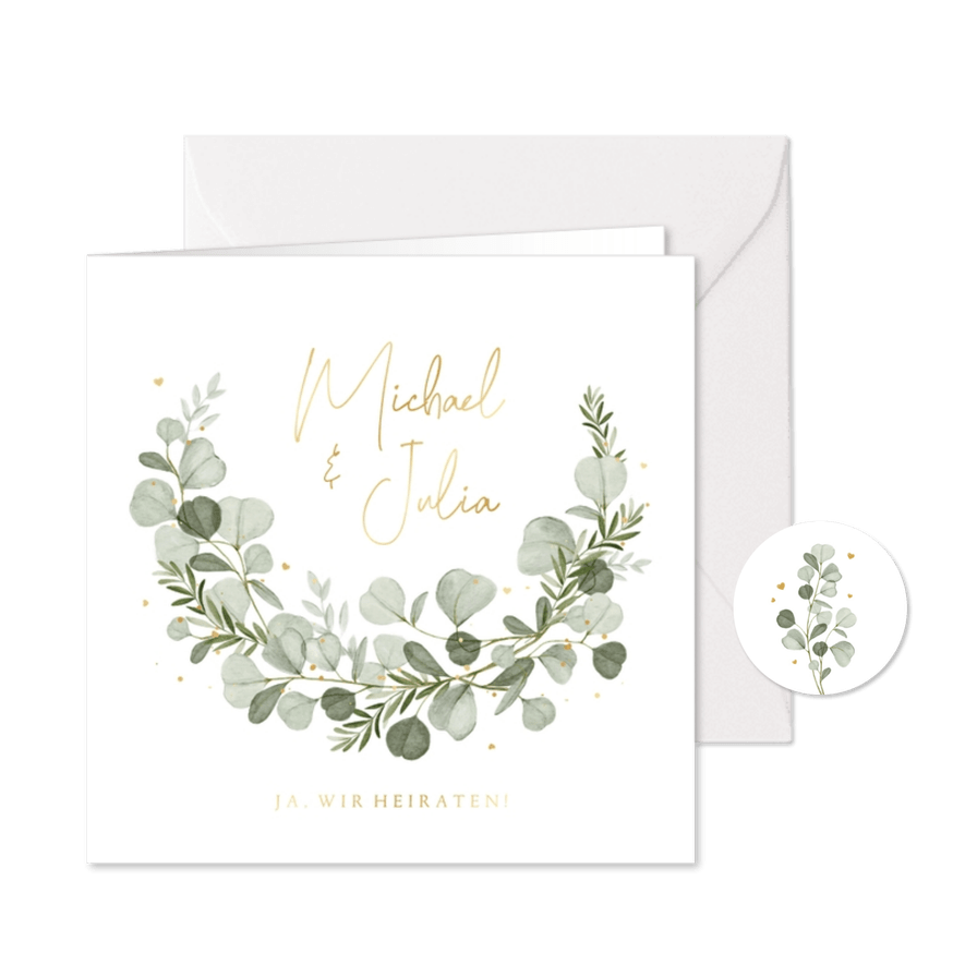 Hochzeitseinladung Aquarellzweige & Goldschrift - Karteneindruck
