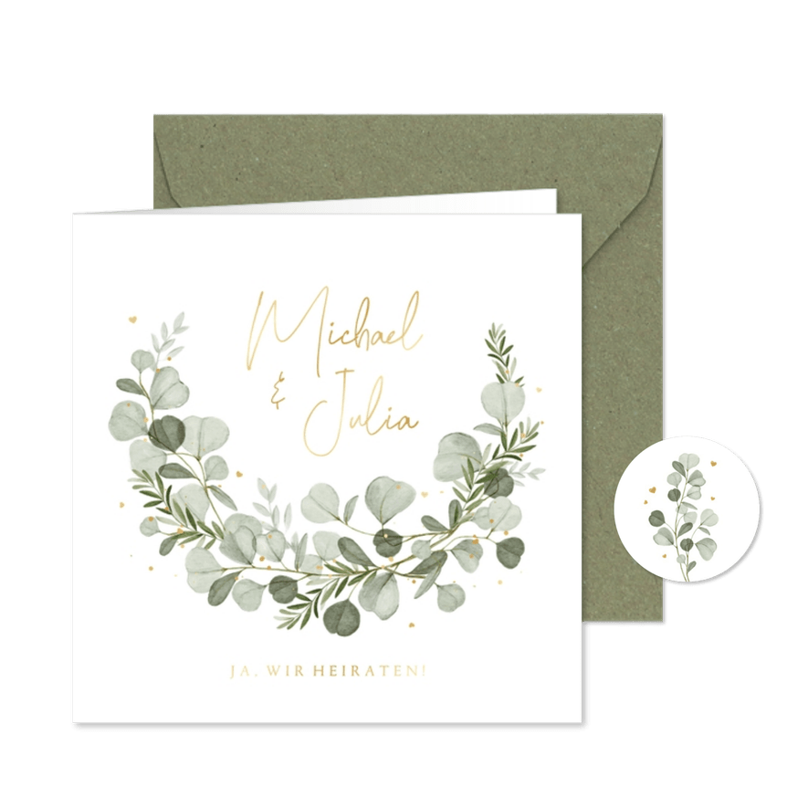 Hochzeitseinladung Aquarellzweige & Goldschrift - Kartenvorschau

