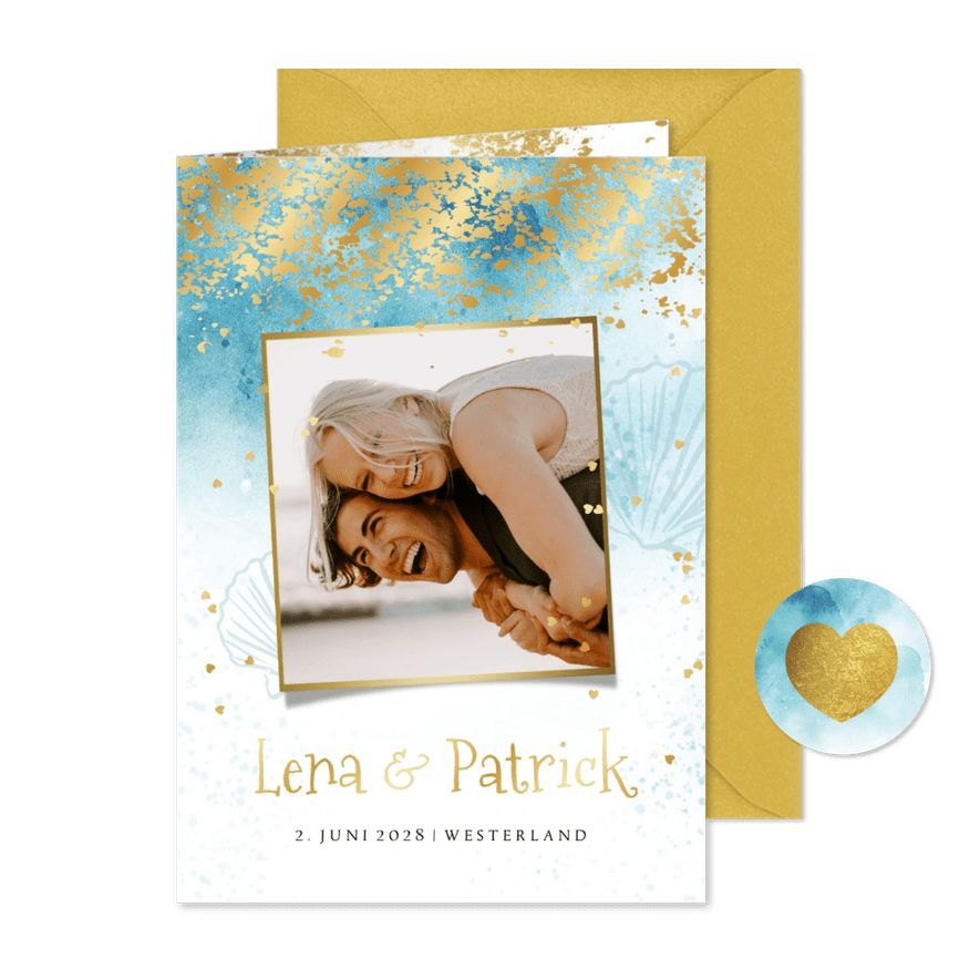 Hochzeitseinladung Beachlook mit Foto & Gold - Karteneindruck
