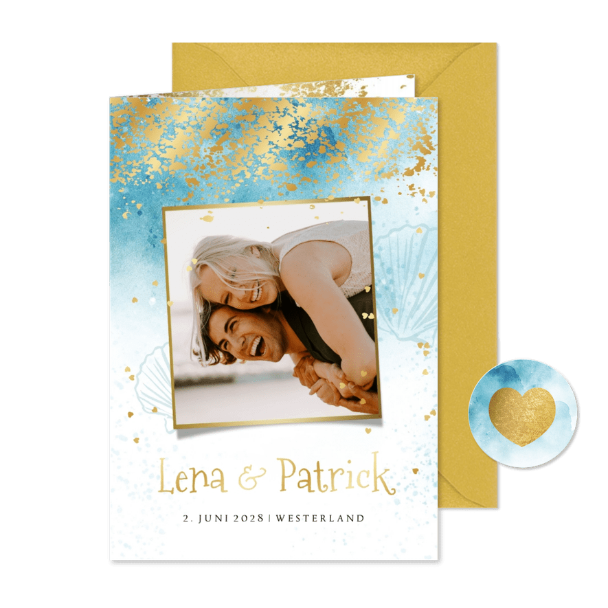 Hochzeitseinladung Beachlook mit Foto & Gold - Karteneindruck