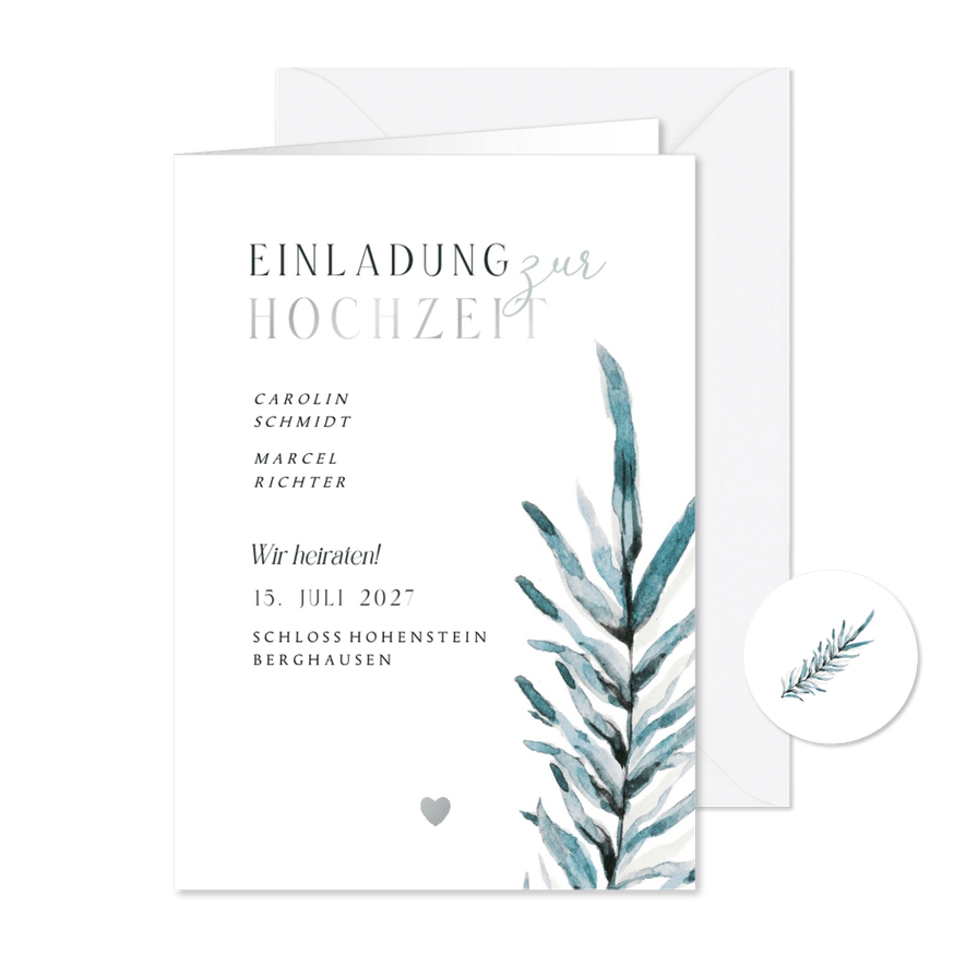 Hochzeitseinladung Blatt Aquarell blaugrün - Karteneindruck